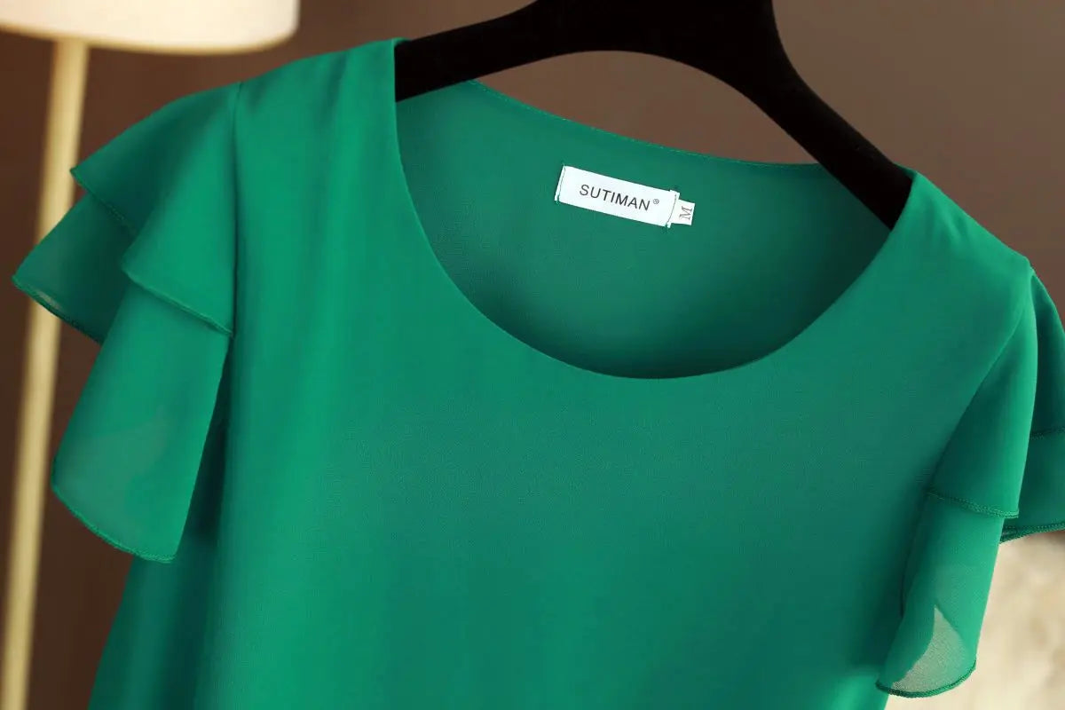 Fashion Brand Summer Oversized Loose and Thin Casual Blouse Top Short Sleeve Chiffon Top White Blouse Green Women’s Tops M-6XL