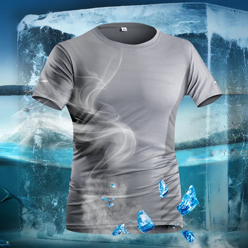 Camiseta de Corrida Masculina Verão Seda Gelo Fina Top Impressão Refletiva Secagem Rápida Manga Curta Respirável Fitness Esportiva Camiseta 5GG