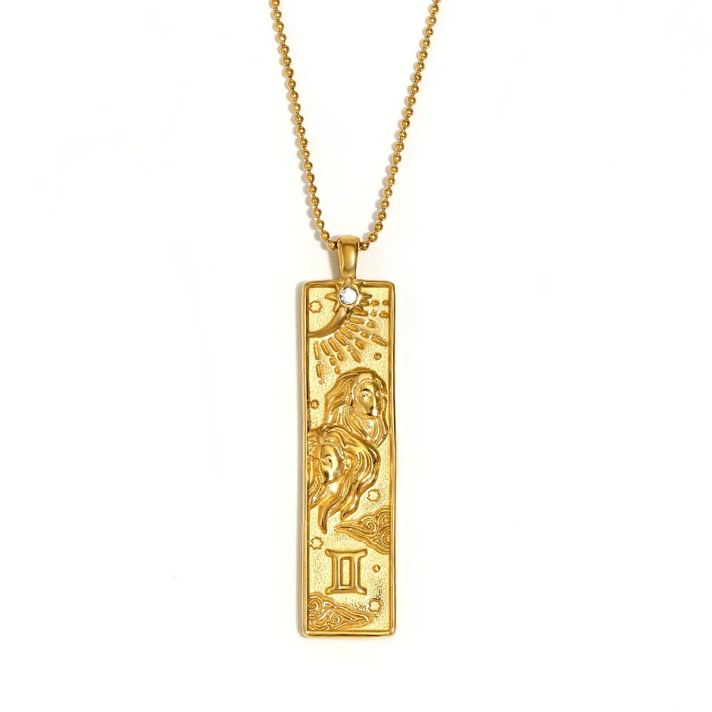 18k Gold Plated Rectangle Shape 12 Constellation Pendant Necklace Stainless Steel Waterproof Fashion Women's Jewelry