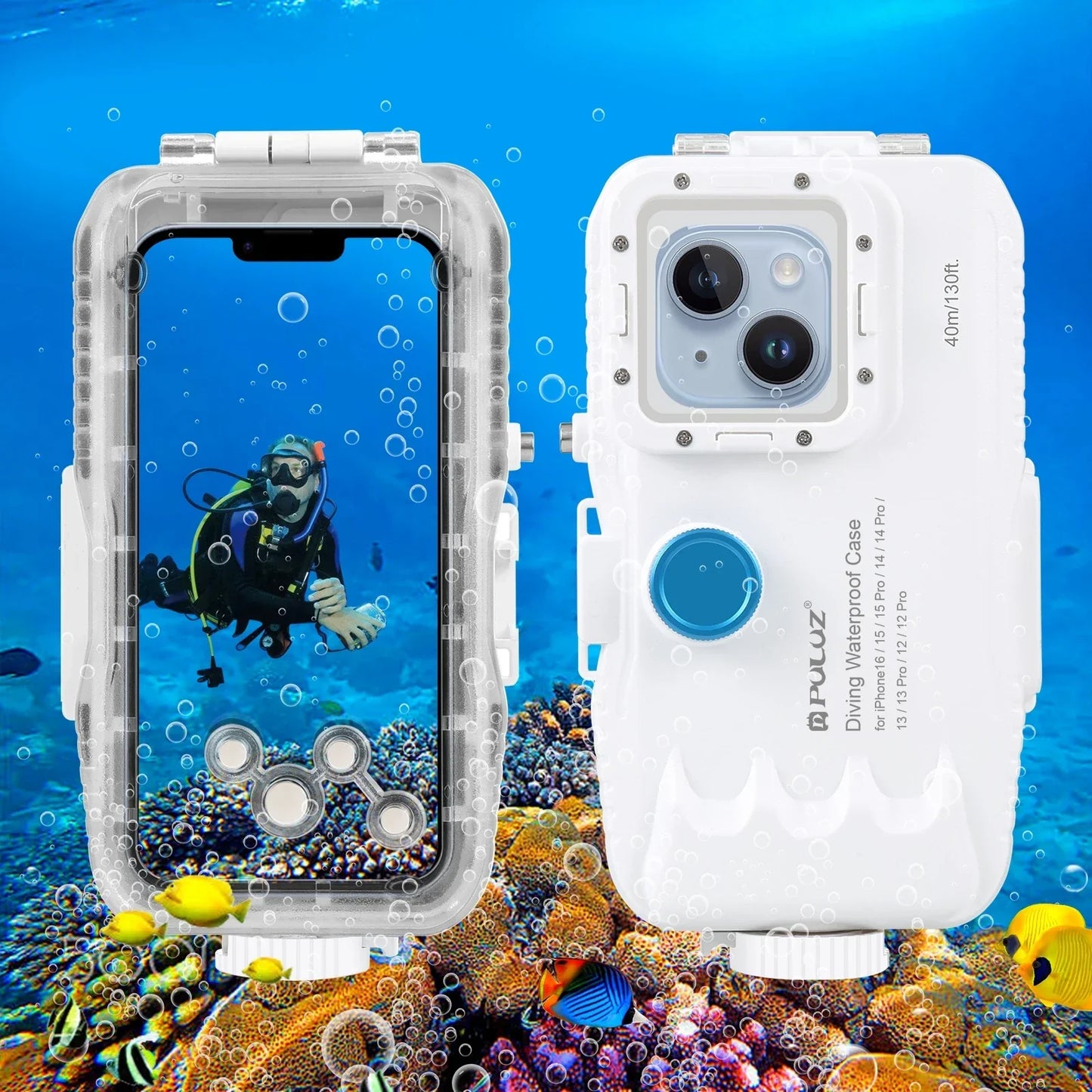 40m/130ft Waterproof Diving Case for iPhone 16 15 14 13 12 11 Pro Max Plus Photo Video Taking Underwater Housing Cover