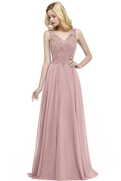 Vestido de festa de casamento em azul marinho com chiffon, renda, bordado, decote em V, cristal, sem mangas, elegante, formal, para madrinha de casamento