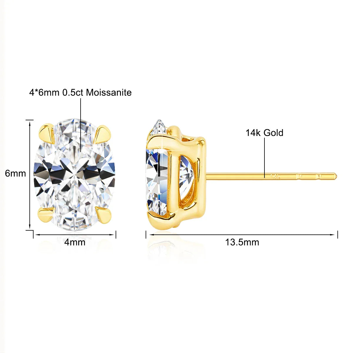 Classic 14K Gold Oval Cut Moissanite Diamond Stud Earrings for Women 0.5ct 1ct 2ct Elegant Bride Wedding & Engagement Jewelry