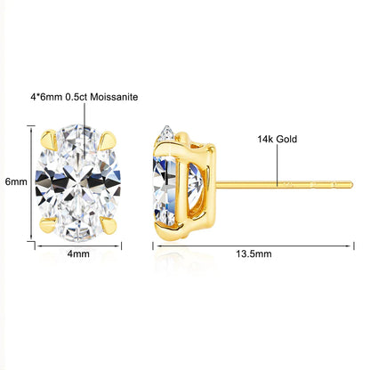 Classic 14K Gold Oval Cut Moissanite Diamond Stud Earrings for Women 0.5ct 1ct 2ct Elegant Bride Wedding & Engagement Jewelry