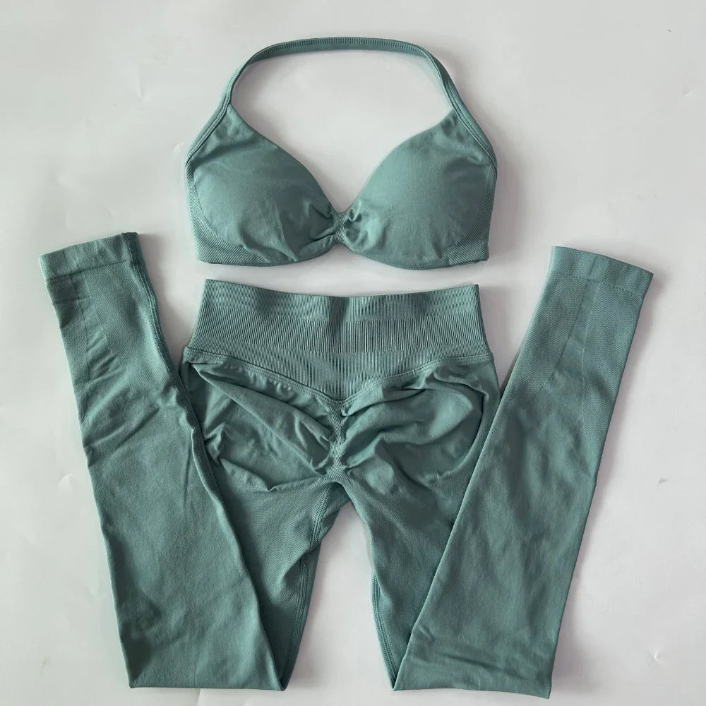 2 Pieces Set For Woman Strappy Yoga Bra Sports Top Workout Leggings Set Seamless Gym Set Fitness Clothes Outfit Activewear