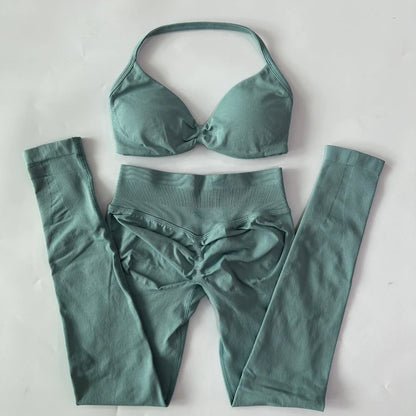 2 Pieces Set For Woman Strappy Yoga Bra Sports Top Workout Leggings Set Seamless Gym Set Fitness Clothes Outfit Activewear