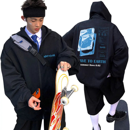 Korean Band Wave To Earth Print Zipper Hoodie Men's Casual Oversized Zip Up Jacket Men Women Hip Hop Fashion Y2k Zip Up Hoodies