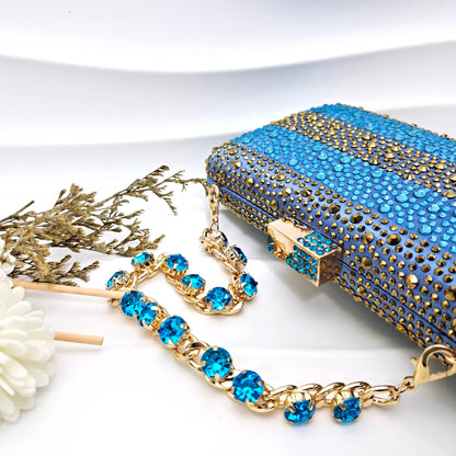 Italian Design Stylish And Elegant Sky Blue Rhinestone Embellished Satin Pointy Toe Pumps And Clutch Bag
