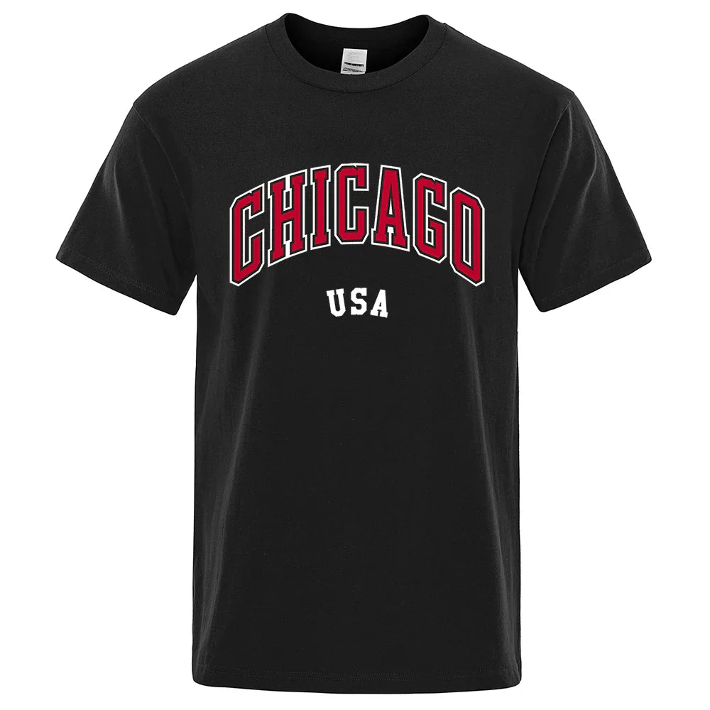 Chicago Usa City Street Letter Printing T Shirts Men Women Cotton Shirt Loose Breathable T Shirts Fashion O-Neck Oversized Tops