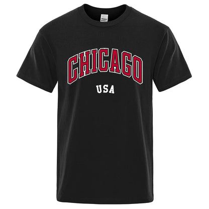 Chicago Usa City Street Letter Printing T Shirts Men Women Cotton Shirt Loose Breathable T Shirts Fashion O-Neck Oversized Tops