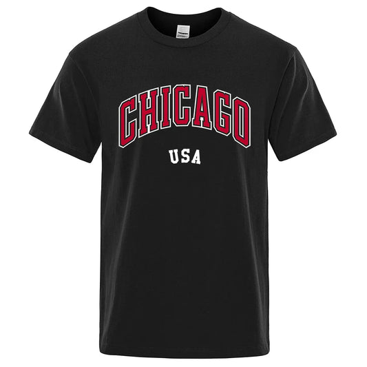 Chicago Usa City Street Letter Printing T Shirts Men Women Cotton Shirt Loose Breathable T Shirts Fashion O-Neck Oversized Tops