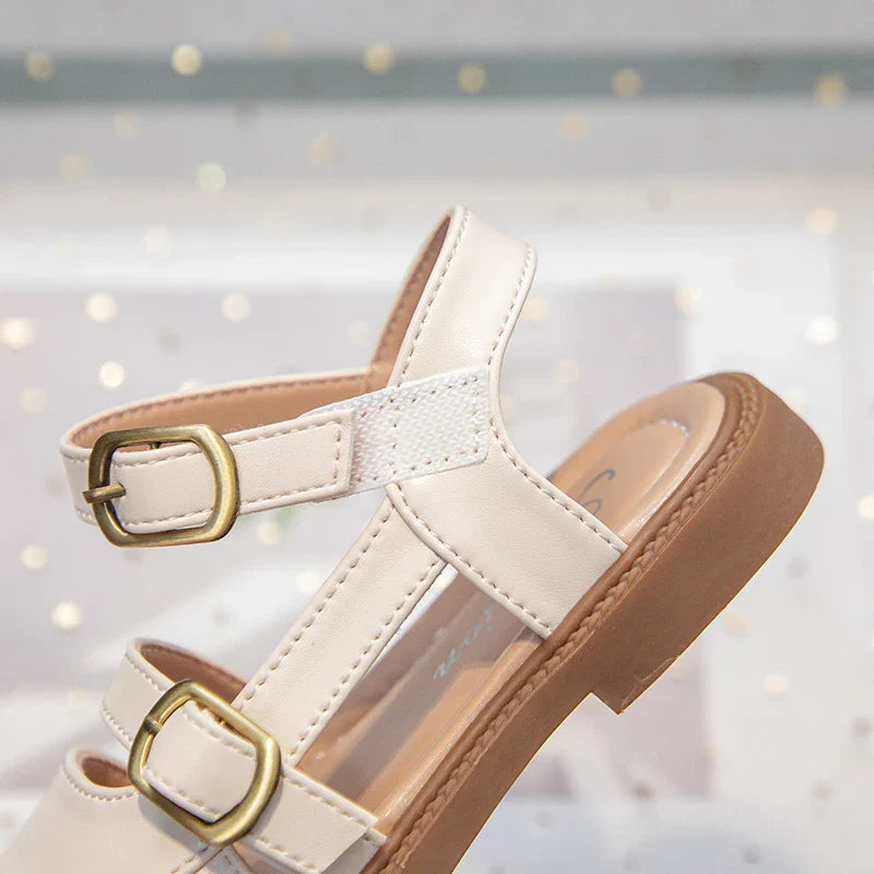 Girls Roman Sandals Open Toe Little Kids Leather Sandals with Buckle Open Toe Children Summer Beach Shoes Non-Slip Soft Sole