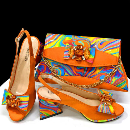Fashion Purple Color Painted Rhinestones Elegant Peep Toe Sandals Shoes and Bag Set Italian Heels for Womens