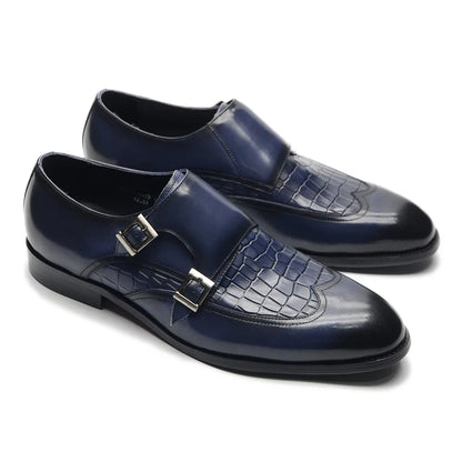 Classic Men's Genuine Leather Dress Shoes Double Buckle Monk Strap Wingtip Crocodile Print Business Office Formal Footwear Man