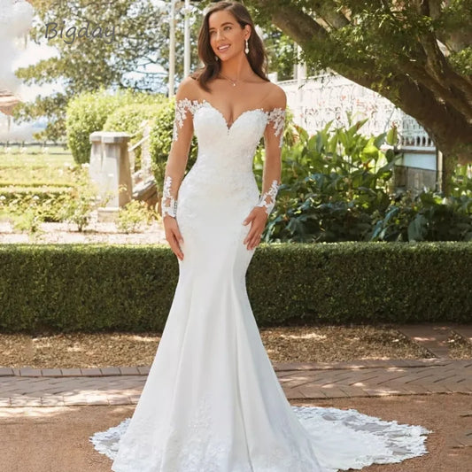Elegant Sweetheart Mermaid Wedding Dress 2025 White Long Sleeve Open Back Lace Bridal Gown Train Vestido De Novia Customized