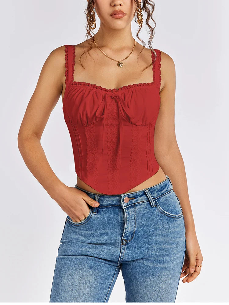 Women's Sleeveless Spaghetti Strap Lace Crop Corset Top Backless Double Layer Fashion Casual Party Cami Bustier Tops