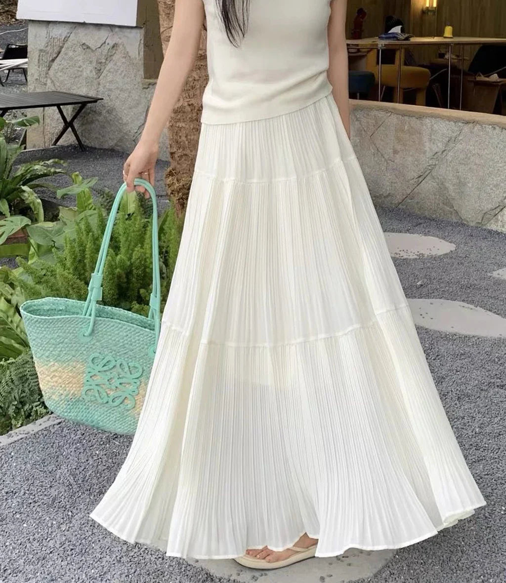 Women's High Waist Pleated Maxi Skirt, Casual A-Line Flowy Tiered Long Skirt, Elegant Beach Vacation Skirts for Ladies