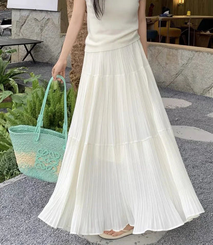 Women's High Waist Pleated Maxi Skirt, Casual A-Line Flowy Tiered Long Skirt, Elegant Beach Vacation Skirts for Ladies