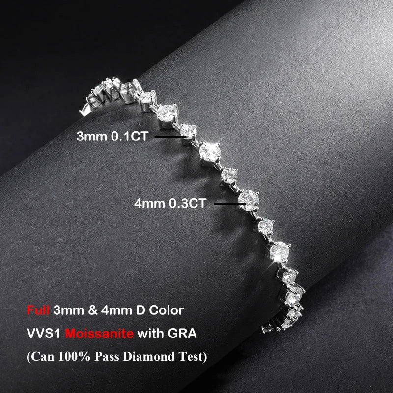 New In D Color 3/4mm Full Moissanite Tennis Bracelet For Women Lady S925 Silver GRA Certified Diamond Link Bracelets Gift