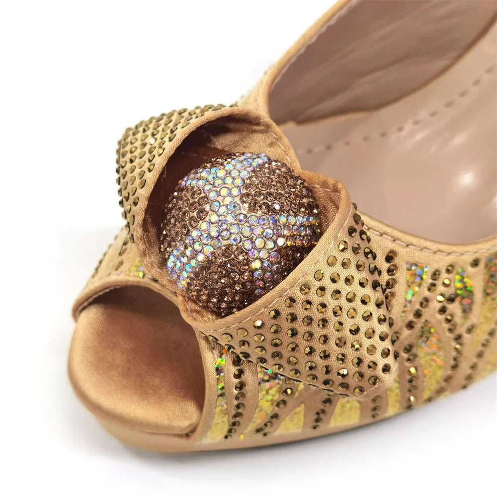 Elegant Fashion Peep Toe High Heels Laser-striped Sequin Rhinestone Women's Party Shoes and Bags 2026 Italian Design
