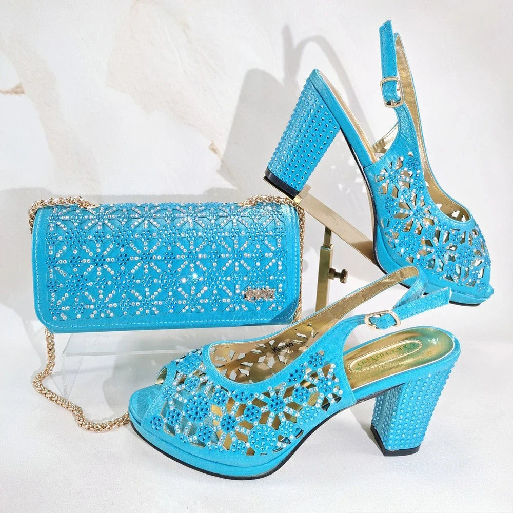 New Italian Design Open Toe Women High Heels for 2025 Elegant Party Wine Color Diamond Pumps Shoes and Bags Matching Set