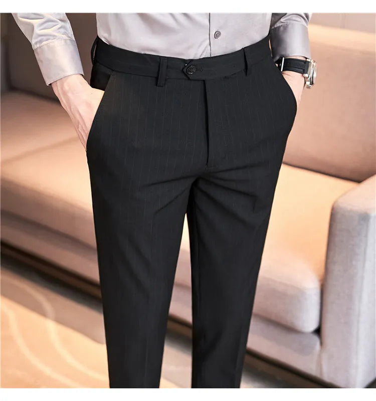Men's Slim Fit Pinstripe Dress Pants, Stretch Comfort and Thickened Fabric for Business Casual Office Wear