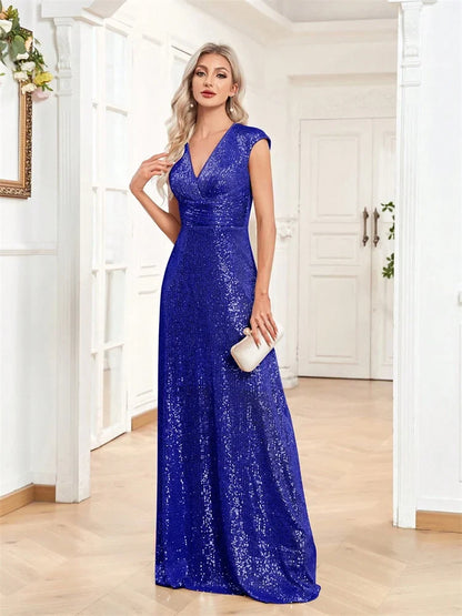 2025 Women Elegant V-neck Mermaid Evening Dress Floor Length Formal Blue Prom Party Gown Sequins Sleeveless Vestidos