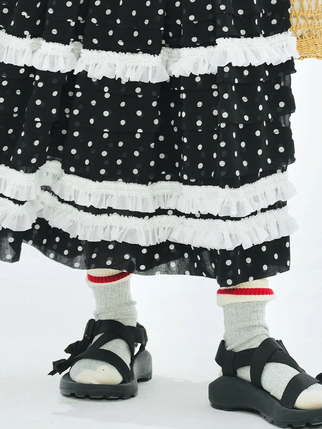 Women's Black Midi Skirt Elastic Waist White Polka Dots Tiered Ruffles Summer Essential Versatile Styling 255079