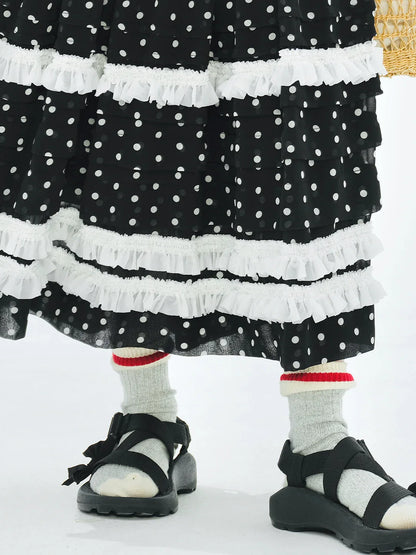 Women's Black Midi Skirt Elastic Waist White Polka Dots Tiered Ruffles Summer Essential Versatile Styling 255079