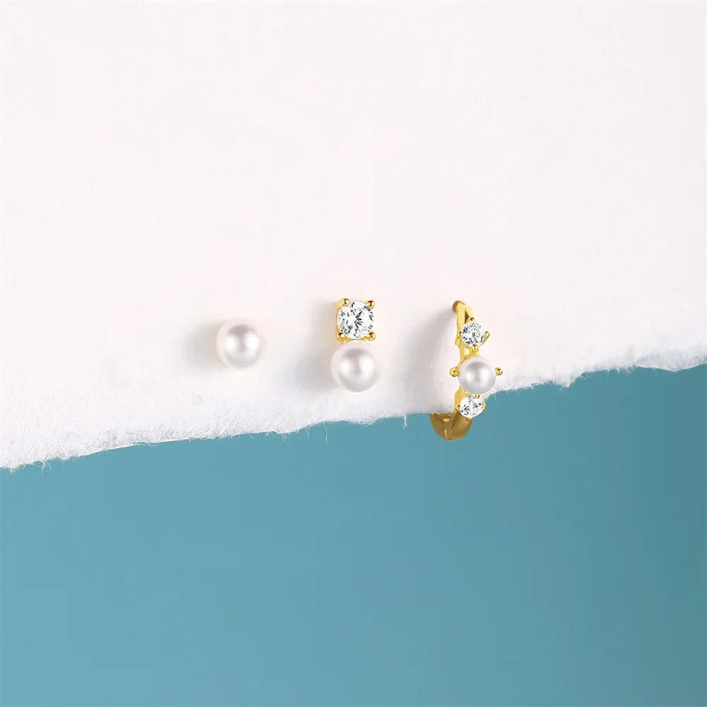 925 Sterling Silver WaterDrop/Flower/Pearl Earring Set For Women 18k Gold Plated 3 piece Earring Party Jewelry Gifts