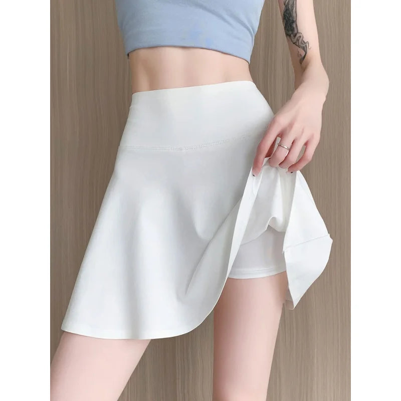 Women Summer Fake Two Pieces Sports Skirt Anti-Chafing Anti-Slip Tennis Badminton Yoga Skirt Pleated White Mini Skirt  Running