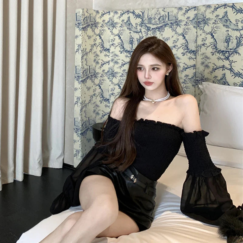 Solid Color Slim Fit Off Shoulder Sexy Women's Chiffon Shirt Sweet Flare Long Sleeved Chic Fashion New Lady Short Tops 8066