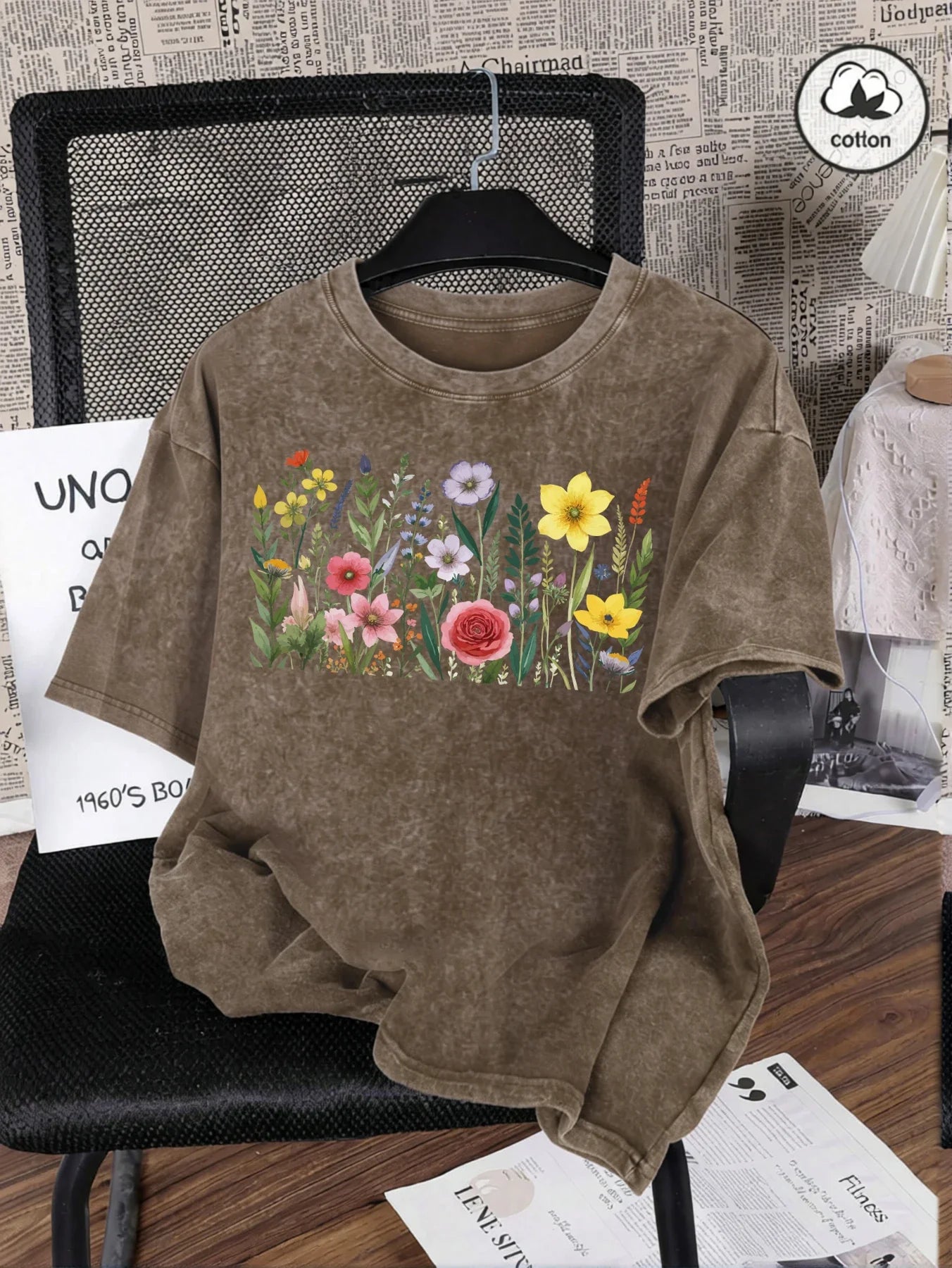 Rich Colors Simple Flowers Print Washed Female T-Shirt Summer Breathable T-Shirt Cotton Soft Short Sleeve All-Match Streetwear