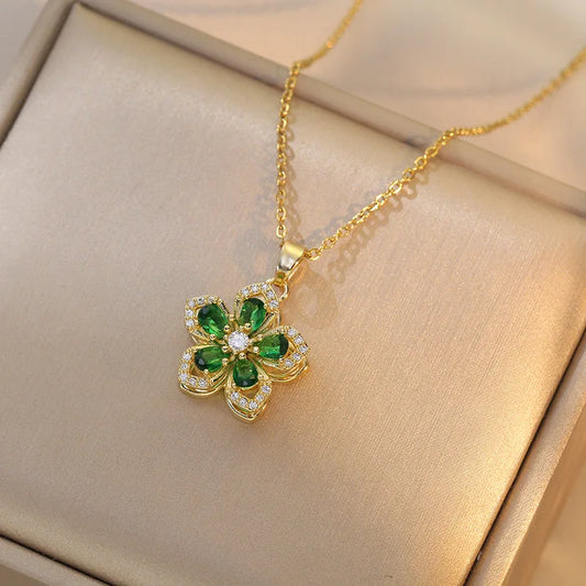 316L Stainless Steel Gold Plated Romantic Rotatable Flower Zirconia Pendant Necklace For Women Girls Charm Luxury Jewelry