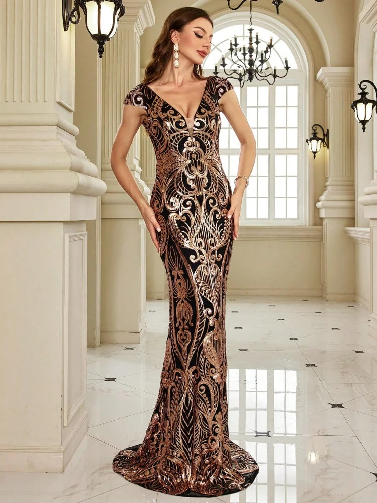 Elegant V-Neck Black Sequin Evening Dress 2025 Women Luxury Sleeveless Party Maxi Mermaid Dress Luxury Prom Gown Dress