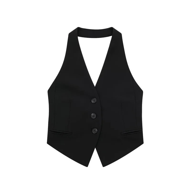 2025 Women New Style Blouse Summer Hot Sell Women's Vest Fashion Sexy Hanging Neck Polyester Fiber Vest Buckle Ribbon Style