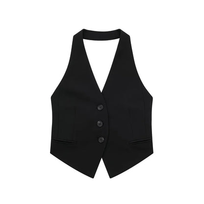 2025 Women New Style Blouse Summer Hot Sell Women's Vest Fashion Sexy Hanging Neck Polyester Fiber Vest Buckle Ribbon Style