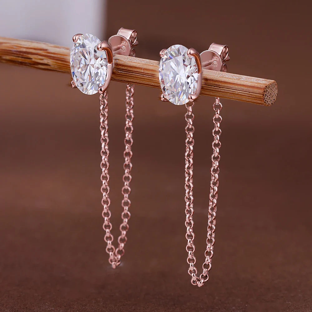 1-4carat Oval Cut Moissanite Chain Earrings for Women Solitaire Diamond Stud/Drop Earring 925 Silver Jewelry with Certificate