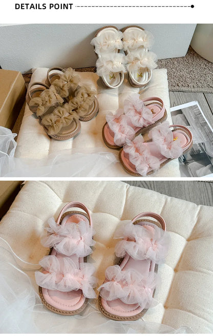 Girls' Sandals 2024 Summer New Fairy Style Princess Sandals with Mesh Bow Kids Versatile Fashion Sweet Beach Shoes for Vacation