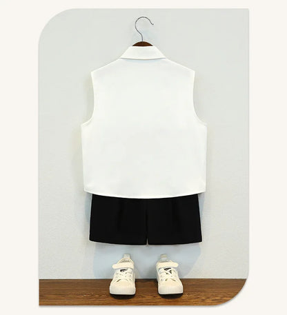 Boys British Sleeveless Shirt Shorts Formal Dress Kids Summer Solid Color Blazer Clothes Sets Children Tuxedo Toddler Costumes