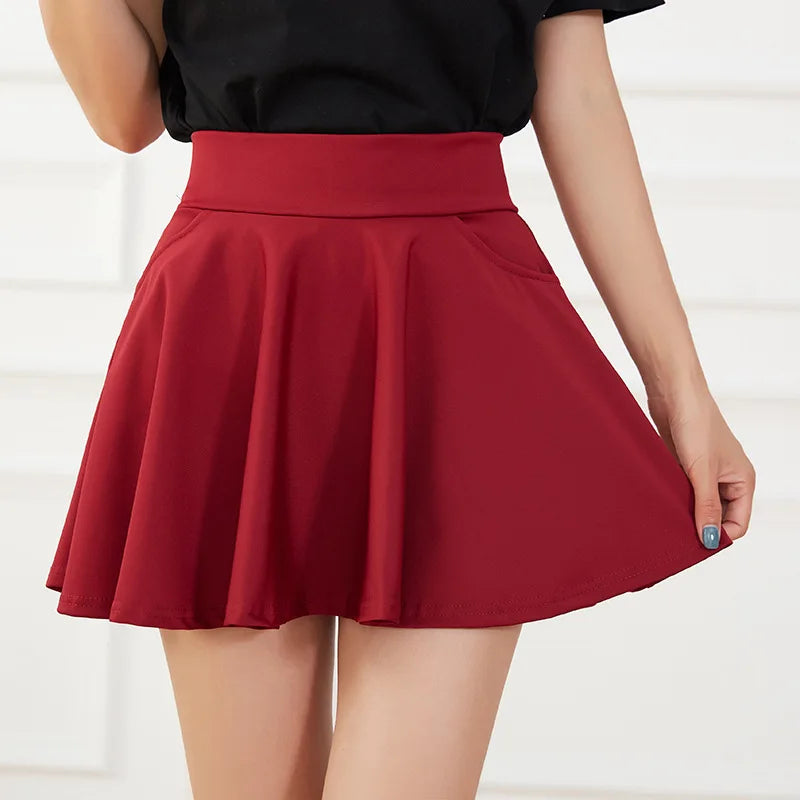 Summer Women Basic Skirt Function Pocket Skirts Lined Shorts Female Style Dancer Uniform Mini Elastic Pleated Skirt Plus Size