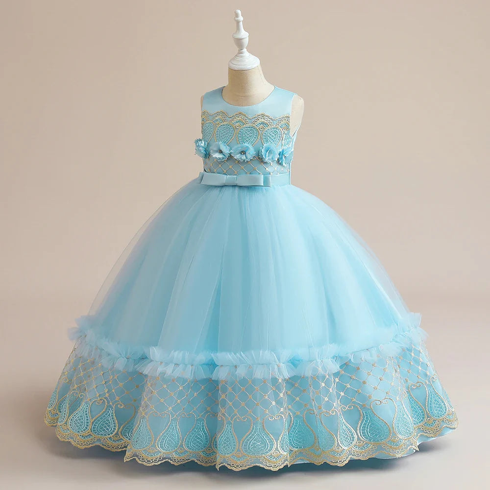 Summer Flower Bridemaid Girl Dresses Elegant Embroidery Princess Party Wedding Evening Dress for Girls Bow Birthday Prom Costume