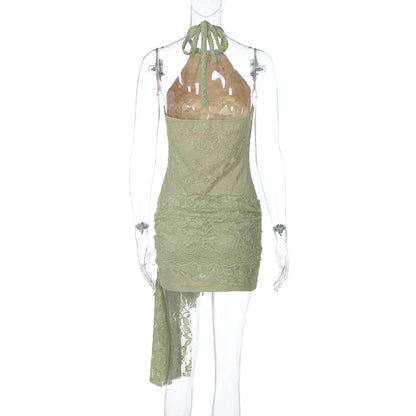 Women Fashion Halter Sleeveless Sexy Backless Patchwork Lace Bandage Sexy Mini Dress Summer Outfit Party Beach Vacation