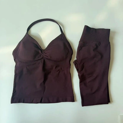 Set of 2 pieces of women's yoga mesh, sleeveless tops with open back, high-waisted gym suit, fitness clothing, yoga set