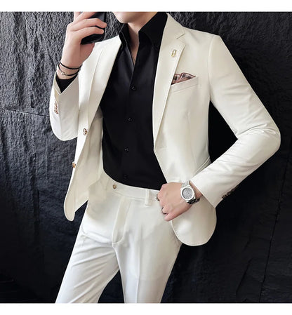 Men's Korean Style Slim Fit Suit Set, High Quality Fabric Solid Color Edge Pressing for Wedding Business