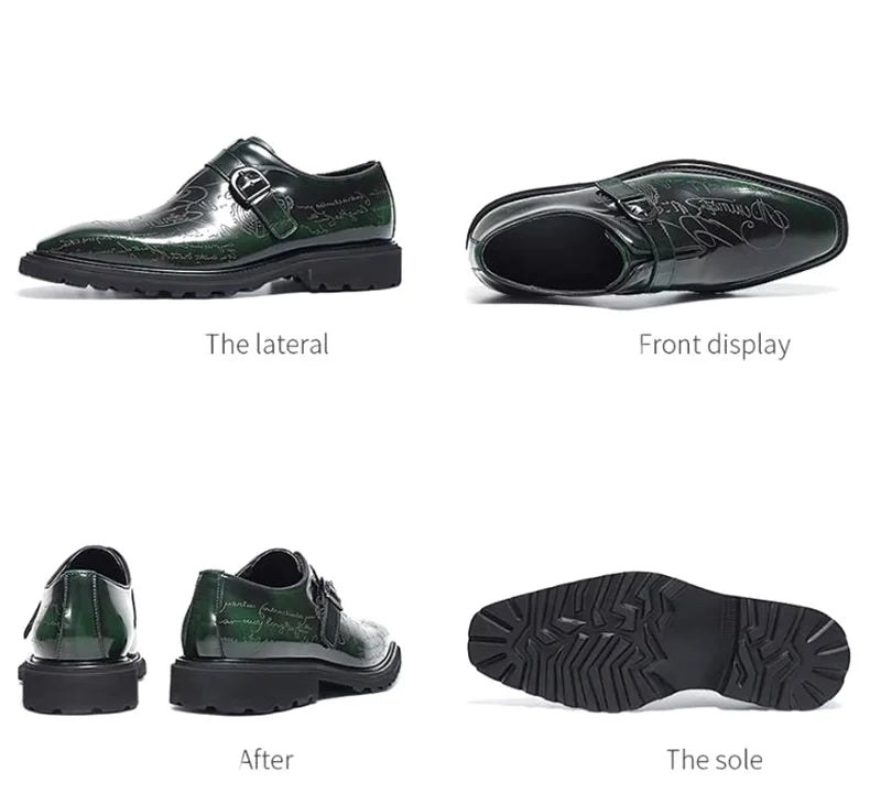 High-end Square-toe Slip-on Buckle Strap Leather Shoes Men Italian Formal Shoes Laser Engraved Letters Design Wedding Shoes Man