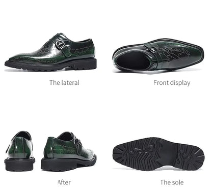 High-end Square-toe Slip-on Buckle Strap Leather Shoes Men Italian Formal Shoes Laser Engraved Letters Design Wedding Shoes Man