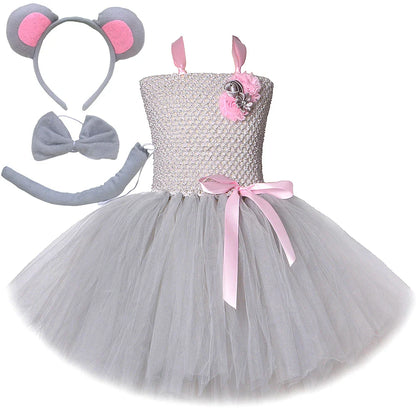 Pink Gray Mouse Tutu Dress for Baby Girls Grey Rat Costumes with Ears Bow Tie Tail Kids Animal Carnival Outfit Birthday Clothes