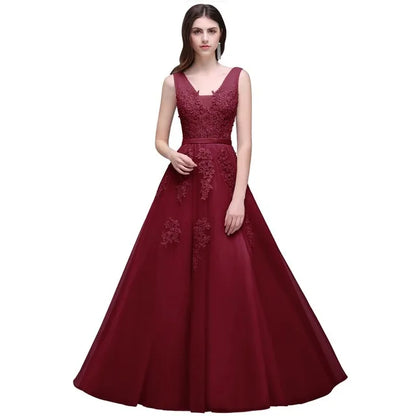 Elegant Tulle Sleeveless Silver Long Prom Dresses 2024 Applique V Neck Burgundy Evening Gowns Formal Party Vestido De Gala