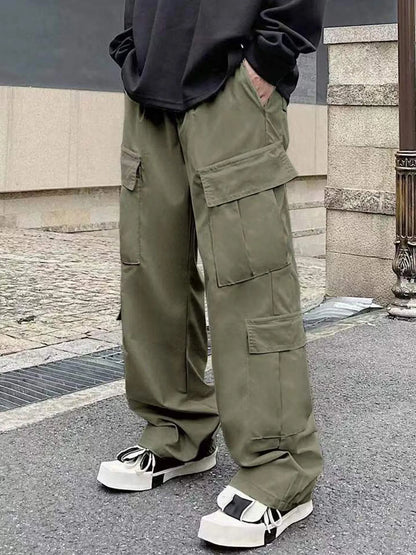 Men's Spring and Autumn Multi-Pocket Cargo Pants with Elastic Waistband and Drawstring Adjustment, Solid Color Multi-Pocket Long Pants Suitable for Outdoor Sports and Leisure