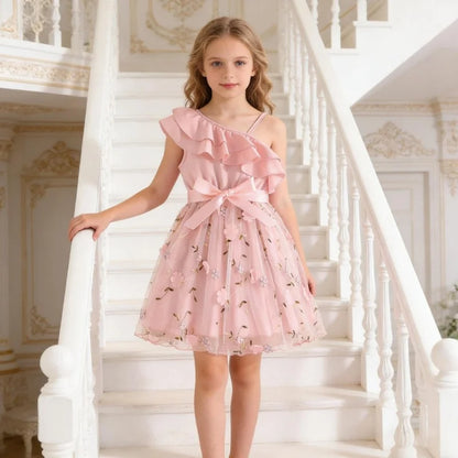 Girls Baby England Style Dresses Kids Lotus Leaf Sloping Shoulder Suspender A-line Skirt Summer Children Fashion Party Clothes